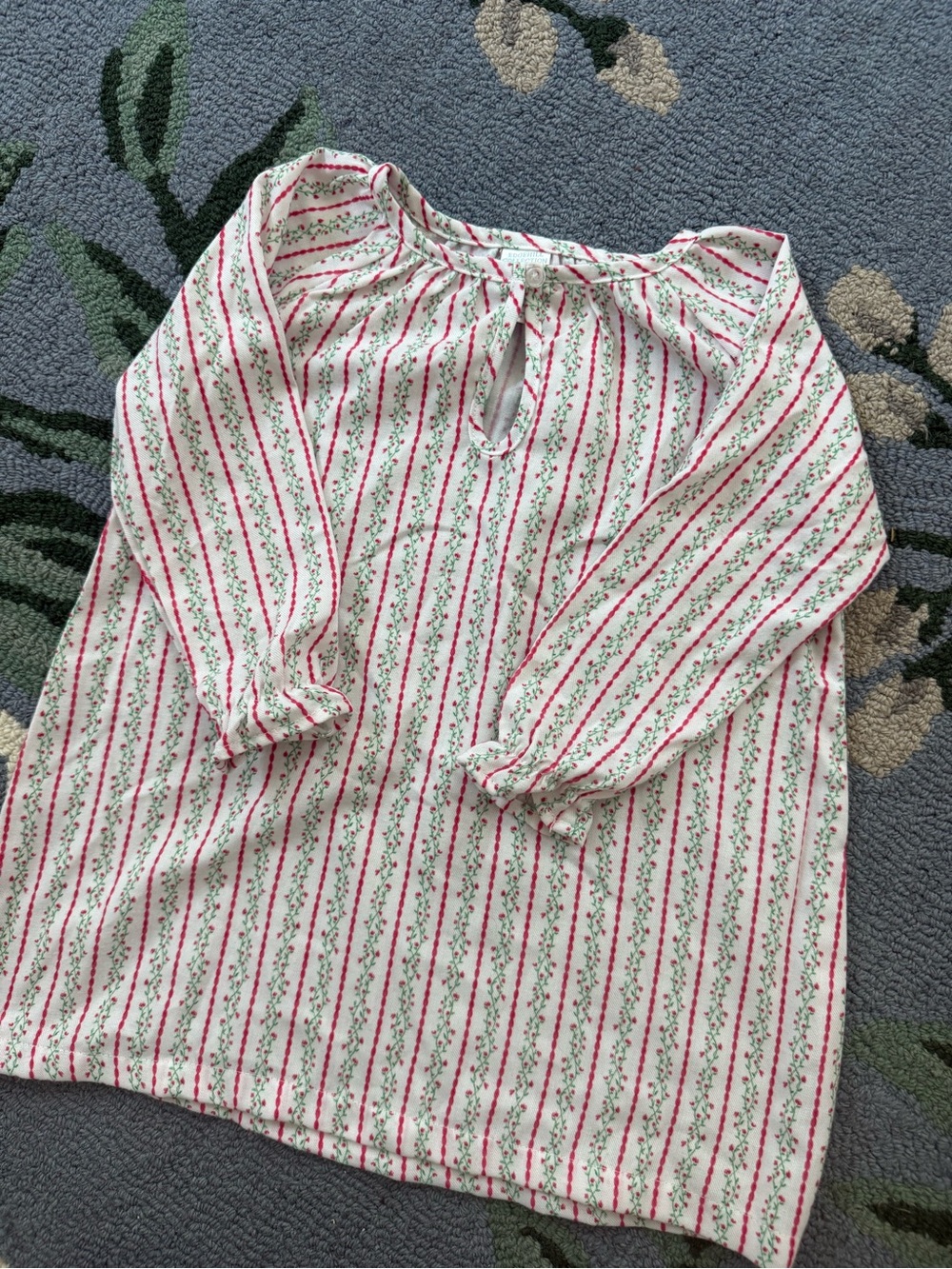 Edgehill Collection White Nightgown with Red and Green Stripe Floral Print